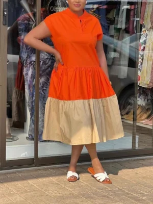 Color Block Midi Dress – O-Neck, Lace-Up, A-Line