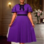 Elegant A-Line Midi Dress – O-Neck Bow & Layered Sleeves
