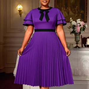 Elegant A-Line Midi Dress – O-Neck Bow & Layered Sleeves