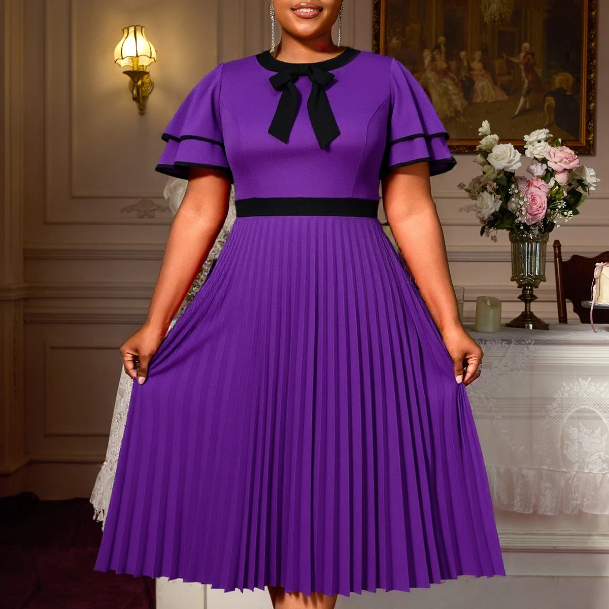 Elegant A-Line Midi Dress – O-Neck Bow & Layered Sleeves
