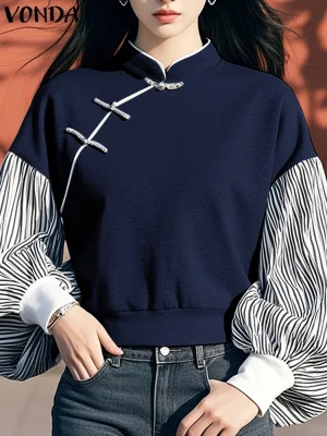 2025 Women’s Autumn Sweatshirt – Stripes Patchwork & Colorblock