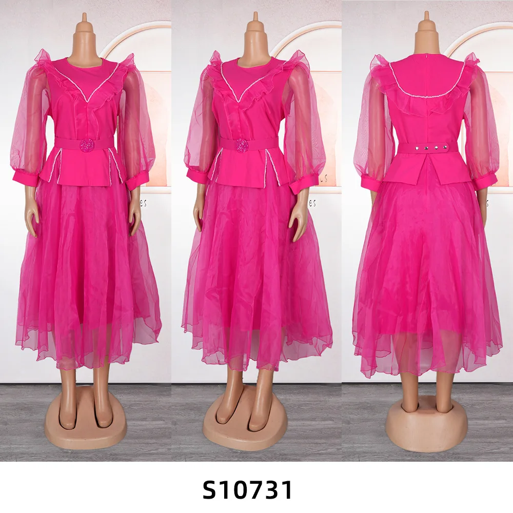 Elegant A-Line Midi Dress – Patchwork Tulle, Puff Sleeves & Rhinestone Belt - Image 3