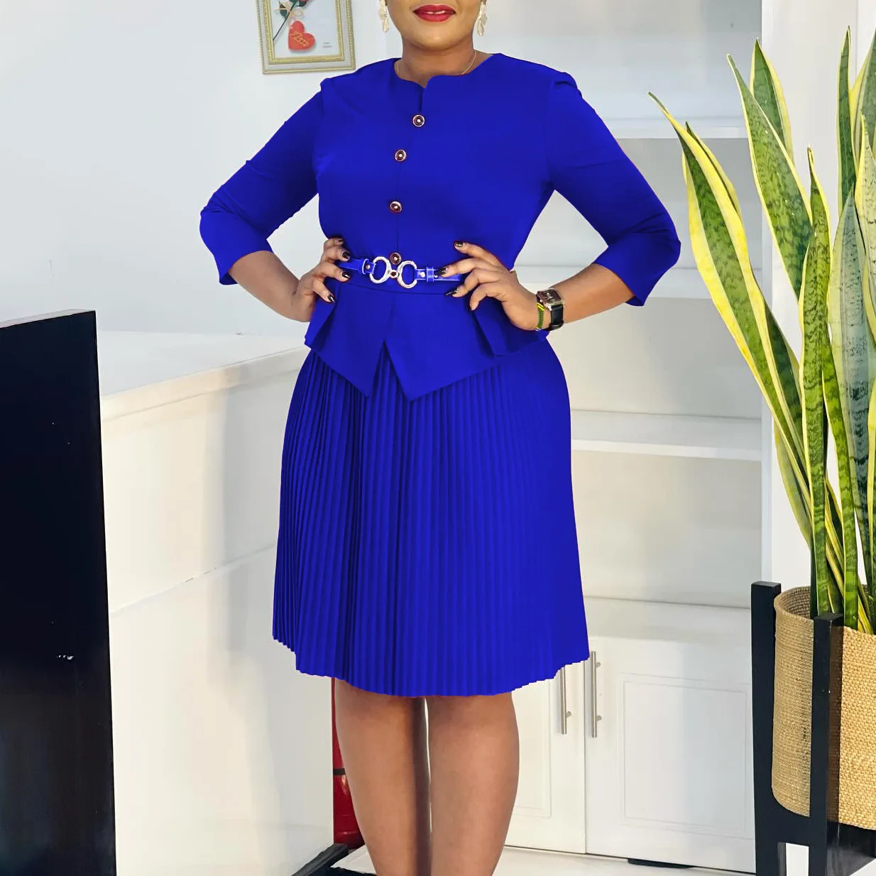 Elegant Peplum Work Dress with Waist Belt - Image 4