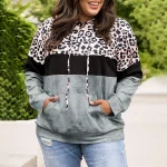 Plus Size Leopard Spliced Hooded Sweatshirt (1XL–5XL)