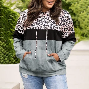 Plus Size Leopard Spliced Hooded Sweatshirt (1XL–5XL)