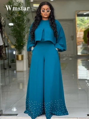 Wmstar Women’s 2-Piece Set – Lantern Sleeve Top & Beaded Wide-Leg Pants
