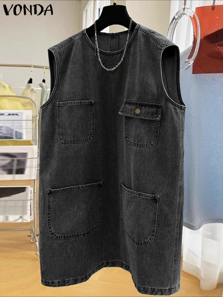 2025 VONDA Sleeveless Mini Dress – Casual Pockets & Buttons - Image 3
