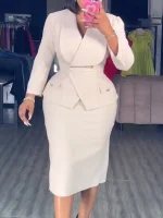Elegant Peplum Church & Work Dress with Turn-Down Collar