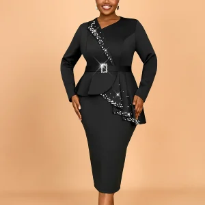 Elegant Beaded Dress with Irregular Collar & Peplum
