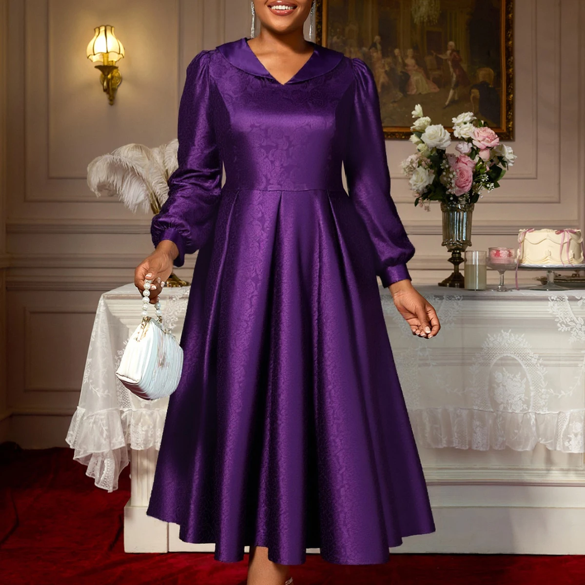 Luxury Shiny Jacquard Satin Midi Dress
