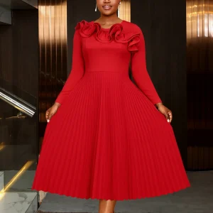 Elegant Red A-Line Dress with 3D Ruffles