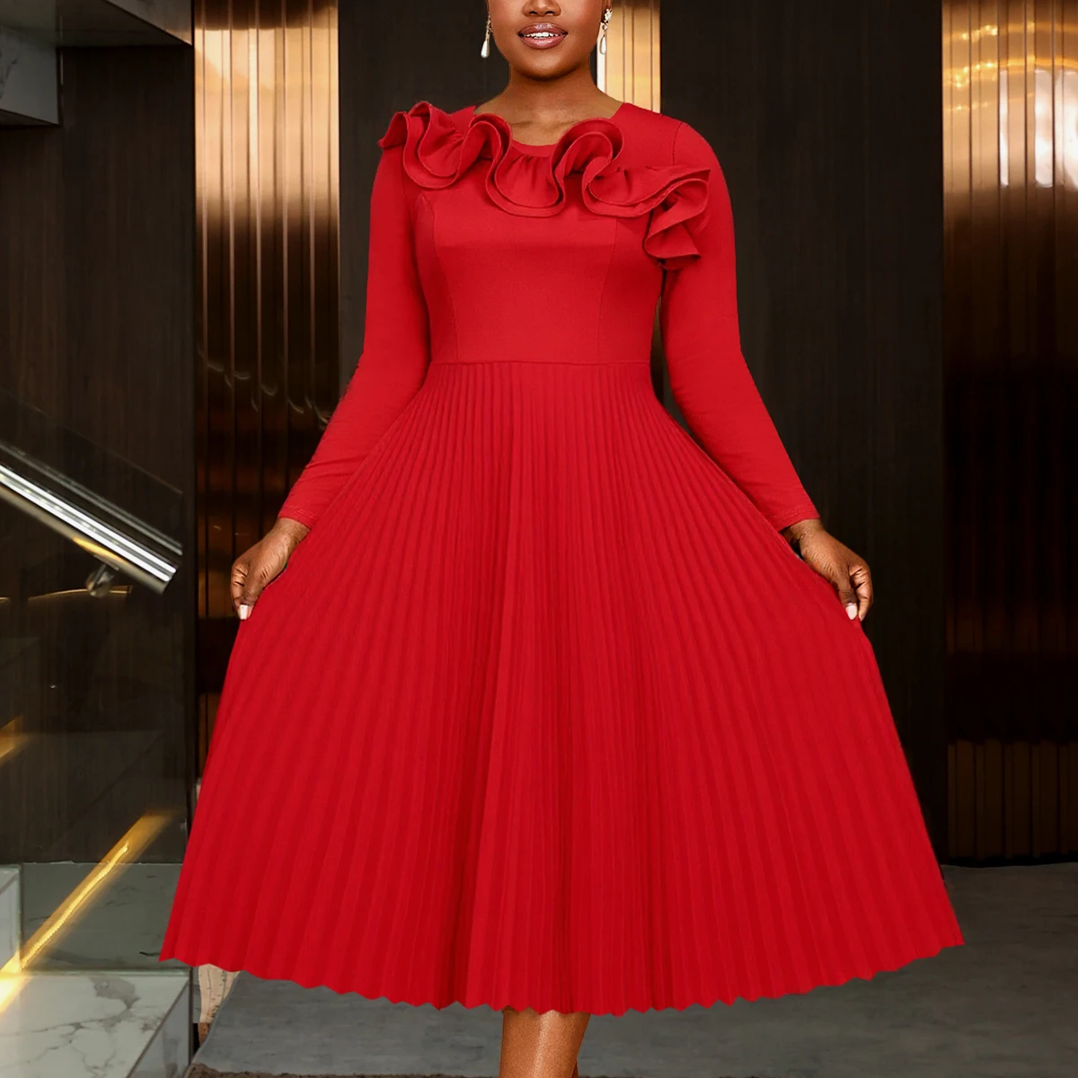 Elegant Red A-Line Dress with 3D Ruffles