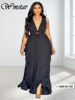 Plus Size Deep V-Neck Bandage Long Dress – 2025 Fashion