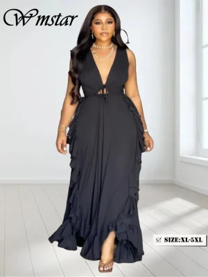Plus Size Deep V-Neck Bandage Long Dress – 2025 Fashion