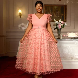 Elegant A-Line Maxi 3D Butterfly Dress with Waist Belt