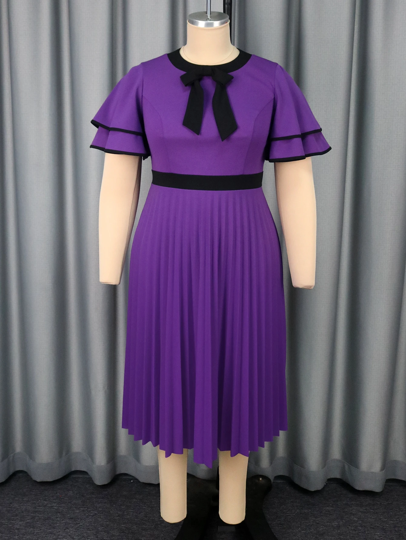 Elegant A-Line Midi Dress – O-Neck Bow & Layered Sleeves - Image 4