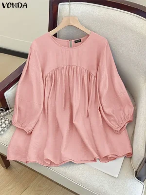 VONDA Women’s 3/4 Puff Sleeve Ruffled Blouse – Autumn Casual Tunic