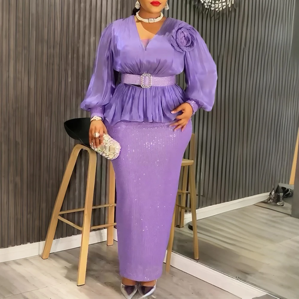 Women’s Elegant Sequined Dress – V-Neck, Lantern Sleeves & Peplum