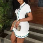 2025 Casual Knit Mini Dress – White Button Stripe Ruffle Bodycon