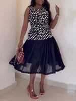 Elegant Polka Dot Midi Dress with Mesh Patchwork