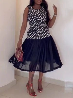 Elegant Polka Dot Midi Dress with Mesh Patchwork