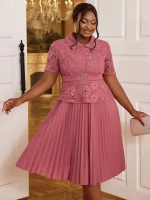 Vintage Lace Pleated Dress – Turn Down Collar, Short Sleeves