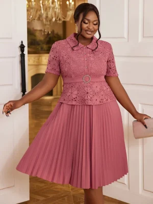 Vintage Lace Pleated Dress – Turn Down Collar, Short Sleeves