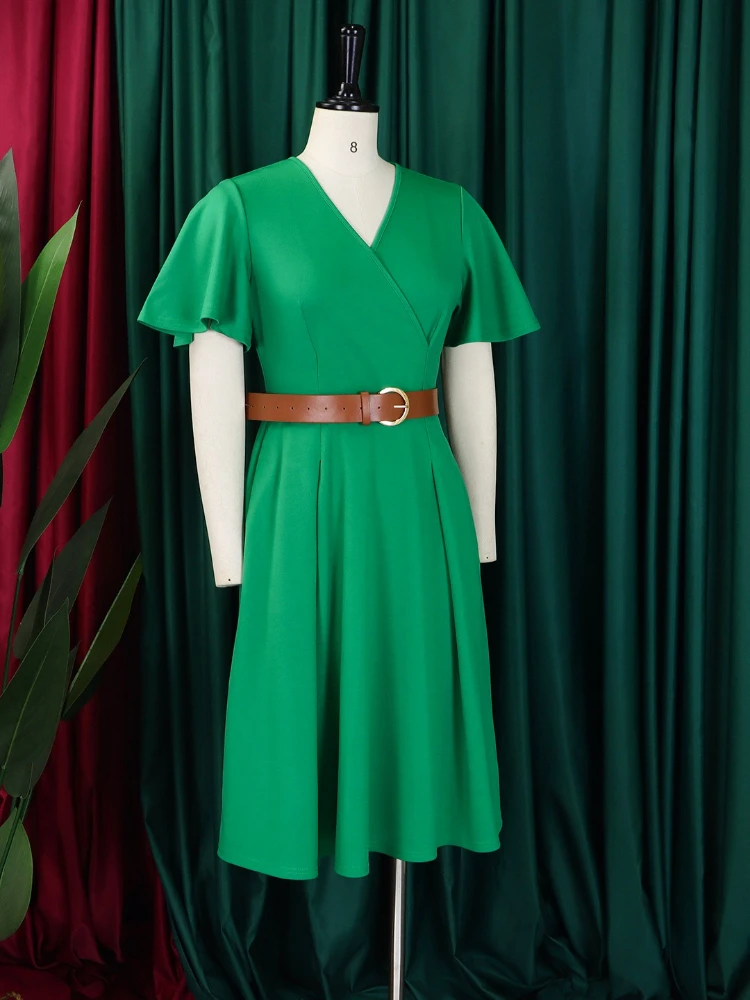 2025 Elegant A-Line Midi Dress – V-Neck, Belted Waist, Flare Sleeves - Image 4
