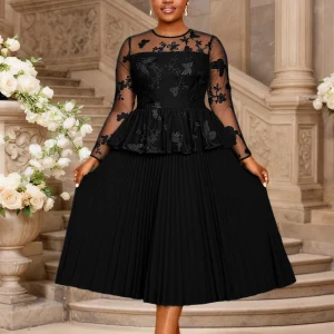 Elegant Black Embroidered Mesh Midi Dress