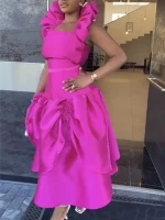 AOMEI Black Satin Ruffle Gown with Puff Shoulders