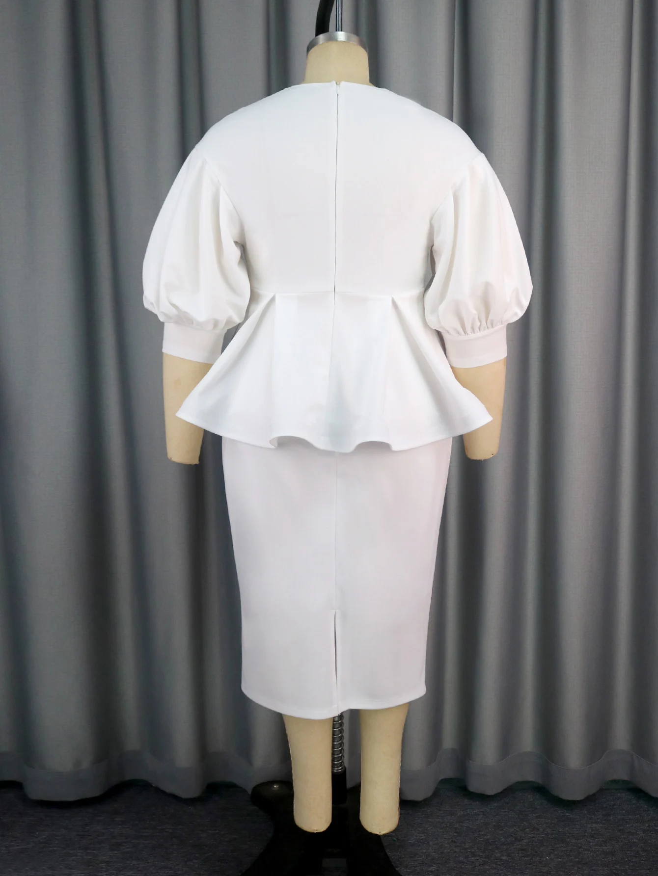 Elegant Midi Dress – V-Neck, Embroidered Peplum & Puff Sleeves - Image 5
