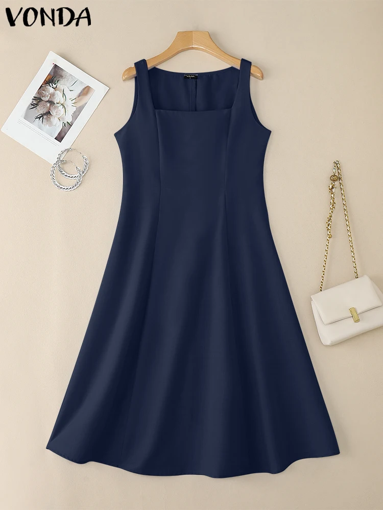 2025 VONDA Plus Size 5XL Square Collar Midi Dress – Sleeveless A-Line - Image 2
