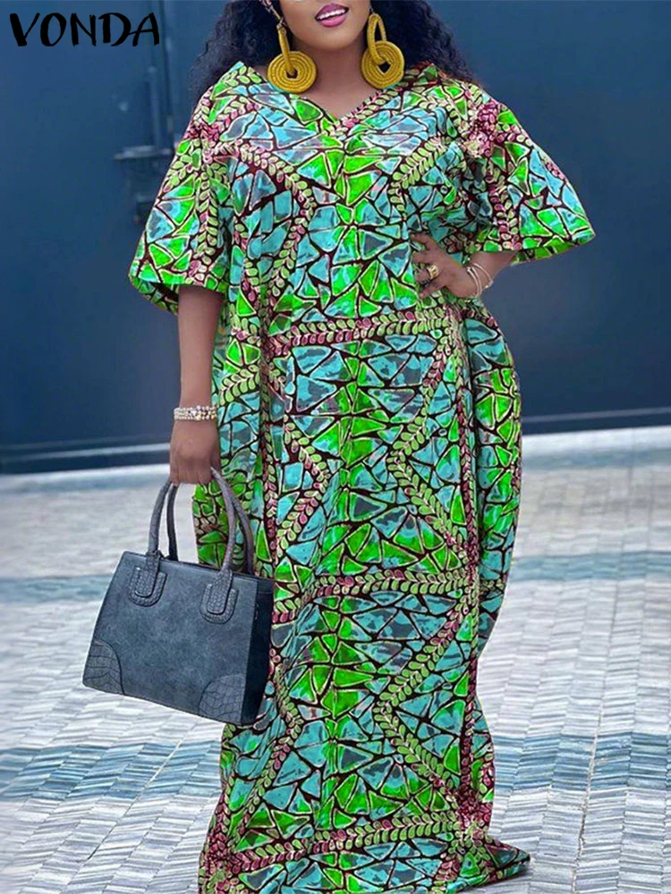 2025 VONDA Plus Size Bohemian Maxi Dress – Geometric Print - Image 2