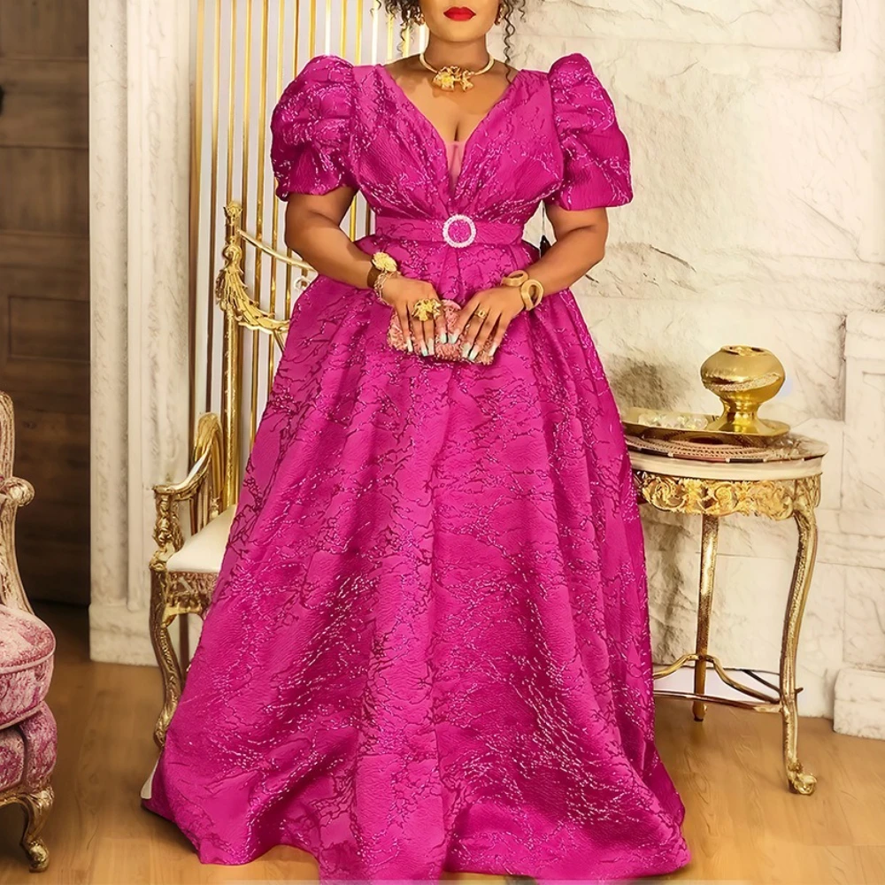 Women’s Luxury Embroidered A-Line Evening Dress with Puff Sleeves - Image 2