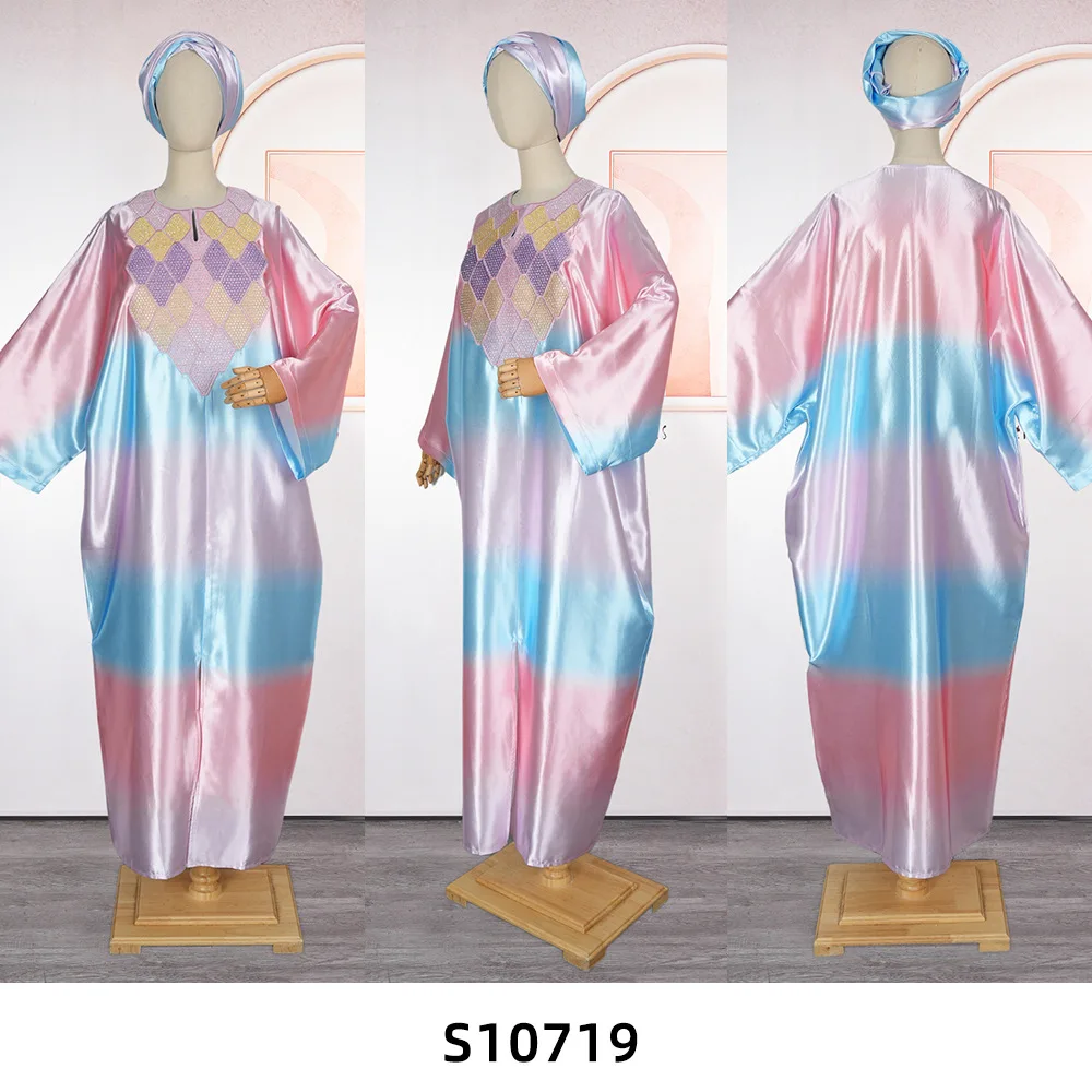 Women’s Modest Rhinestone Kaftan Bubu Dress – African Long Gradient Gown with Embroidery & Side Slit - Image 2