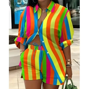 Colorful Striped Two-Piece Set – Button-Up Shirt & Shorts for Women
