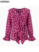 VONDA Women’s Plaid Ruffled Blouse – Autumn V-Neck Shirt