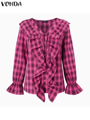 VONDA Women’s Plaid Ruffled Blouse – Autumn V-Neck Shirt