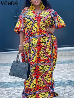 2025 VONDA Plus Size Bohemian Maxi Dress – Geometric Print
