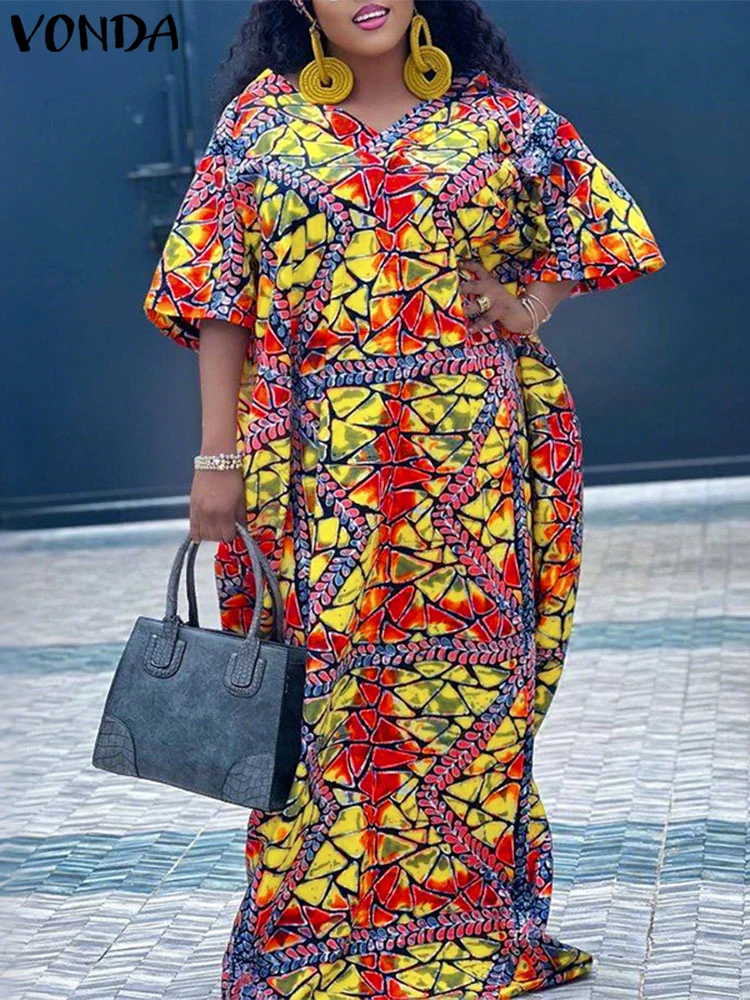 2025 VONDA Plus Size Bohemian Maxi Dress – Geometric Print