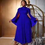 Elegant Blue A-Line Maxi Dress – Cape Sleeves & Pleated High Collar