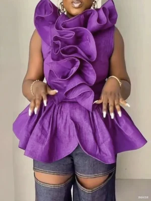 Elegant 3D Ruffle Sleeveless Peplum Blouse – Summer Party Top