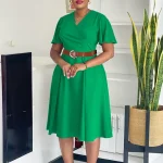 2025 Elegant A-Line Midi Dress – V-Neck, Belted Waist, Flare Sleeves