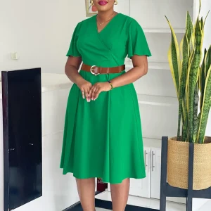 2025 Elegant A-Line Midi Dress – V-Neck, Belted Waist, Flare Sleeves
