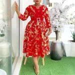 Elegant A-Line Printed Midi Dress – O-Neck, Wrist Sleeves, Belted Waist