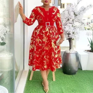 Elegant A-Line Printed Midi Dress – O-Neck, Wrist Sleeves, Belted Waist