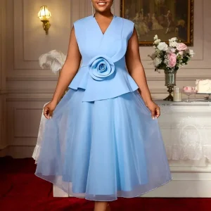 Elegant Blue Plus-Size A-Line Tulle Dress with 3D Flowers