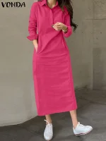 VONDA 2025 Solid Long-Shirt Maxi Dress – Long Sleeve, Lapel Collar, Button-Front with Pockets