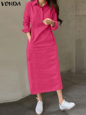 VONDA 2025 Solid Long-Shirt Maxi Dress – Long Sleeve, Lapel Collar, Button-Front with Pockets