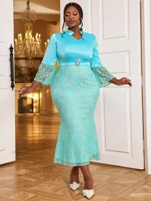 Light Blue Mermaid Cocktail Dress – V-Neck, Flare Sleeves & Lace